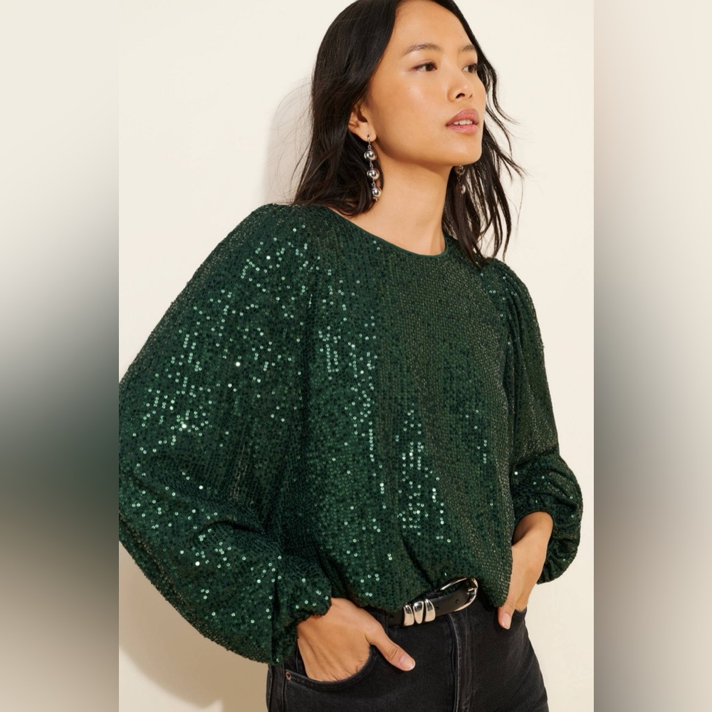 Flat White Sequin Crew Neck Top Green Size Large Party Cocktail Anthropologie